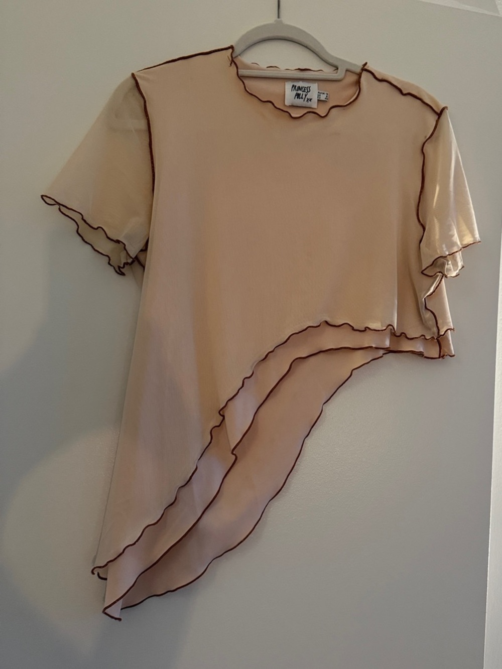 Asymmetrical Ruffle Short Sleeve Top - Cream with Brown Trim